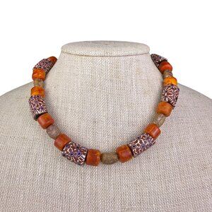 African Artisan Womens Orange & Brown Beaded Necklace Vintage Glass & Brass